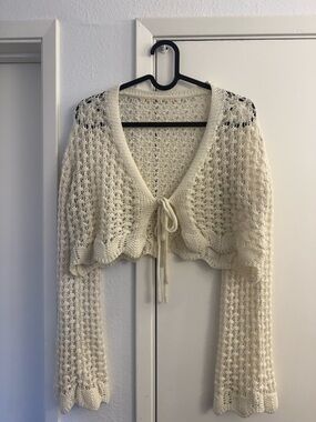 Women's Cream Crochet Tie-Front Sweater